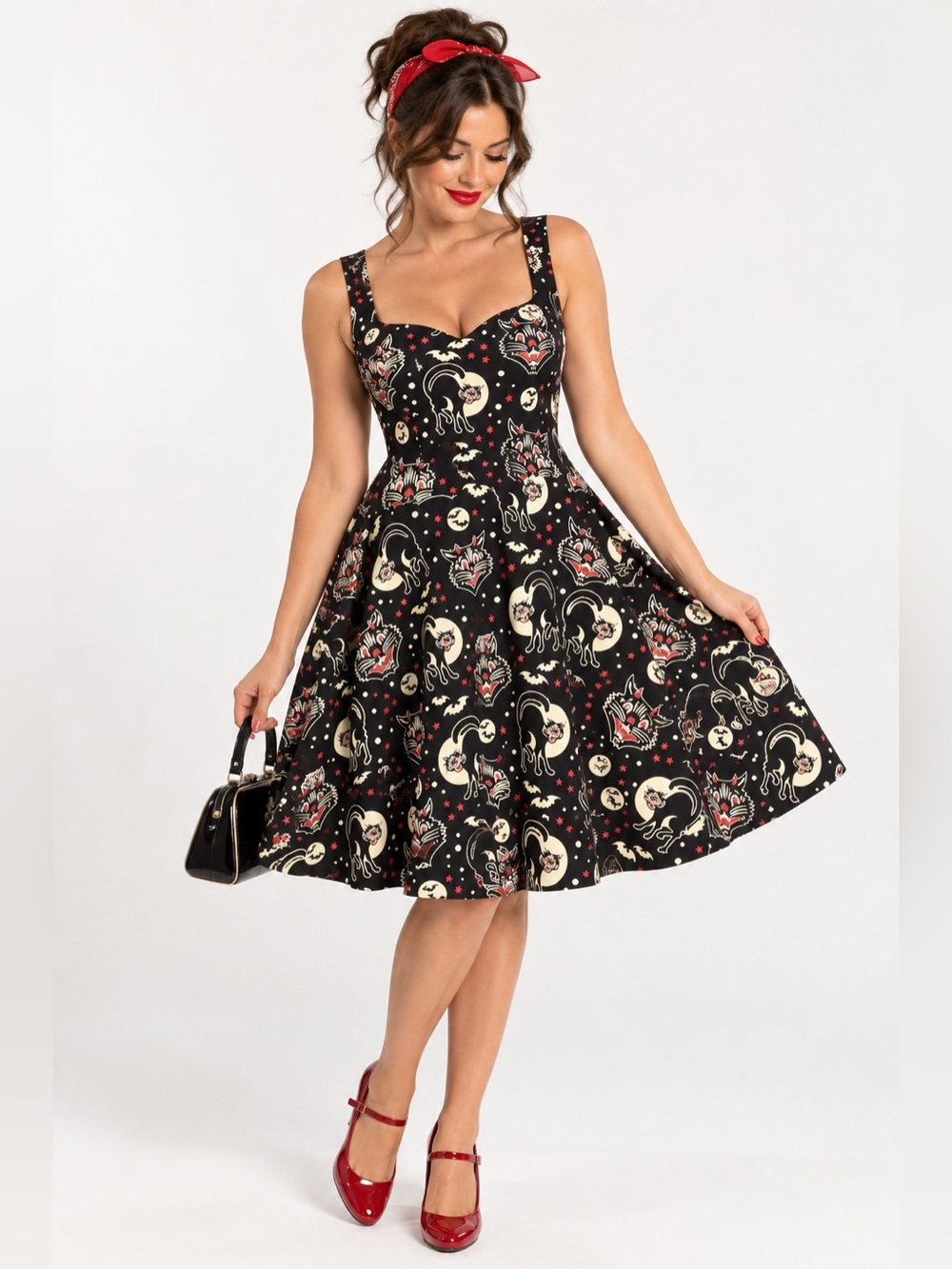 Sourpuss NWT Lucy Black Cat Halloween Print Dress Rockabilly Pinup Retro Goth XS